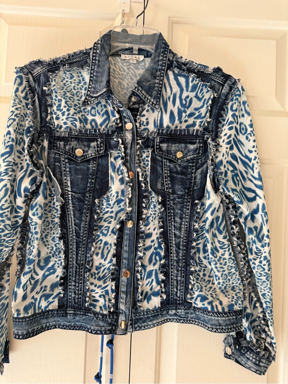 Adore Blue and White Animal-Print Distressed Denim Jacket